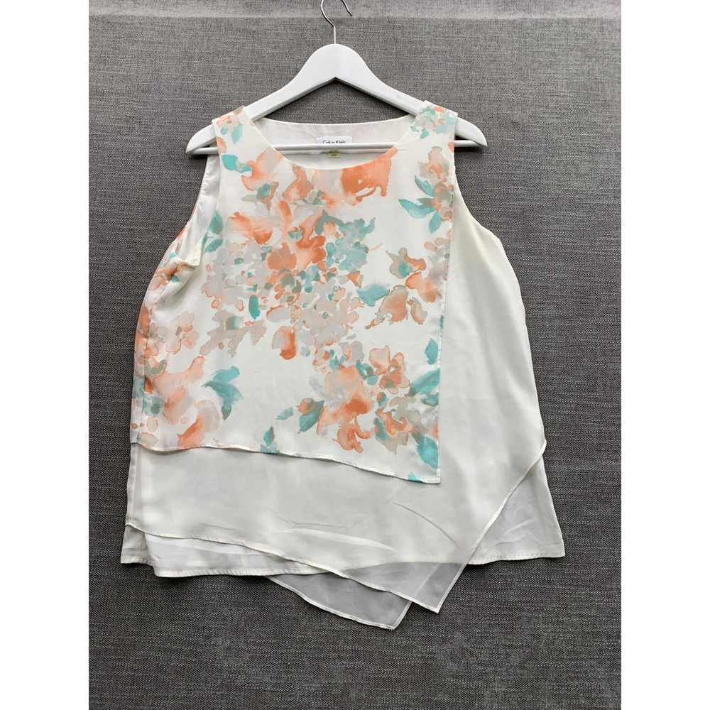 Calvin Klein Tank Womens Large White Orange Floral Asymmetric Layered Scoop Neck